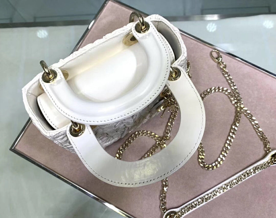 Dior Lady Dior Mini Chain Bag In White Wavy Crinkled Lambskin