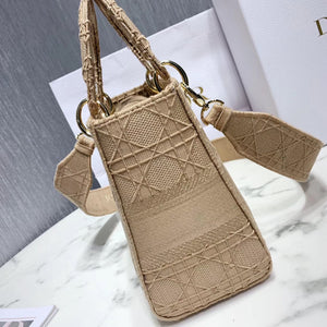 Dior Medium Lady D-Lite Bag In Beige Embroidered Canvas