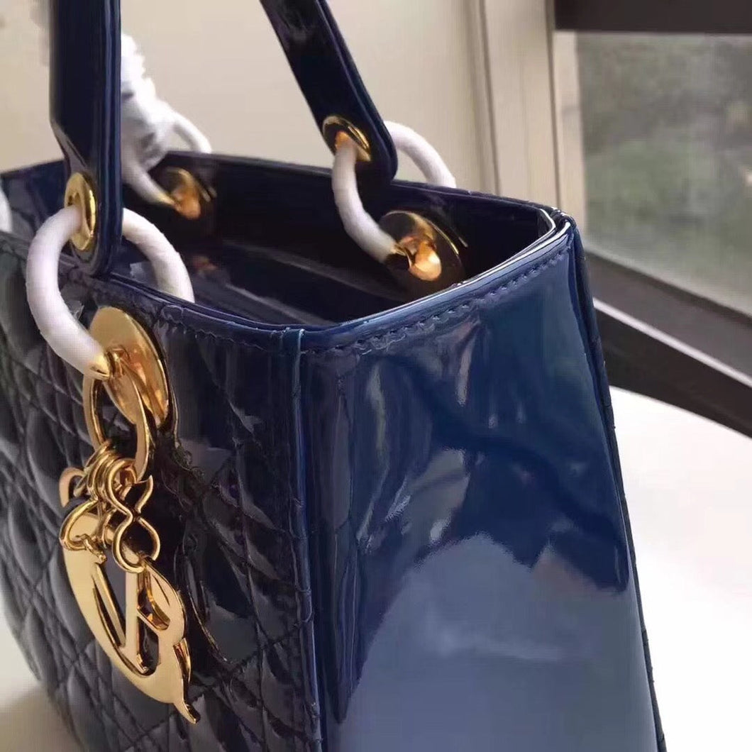 Dior Medium Lady Dior Bag In Blue Patent Leather