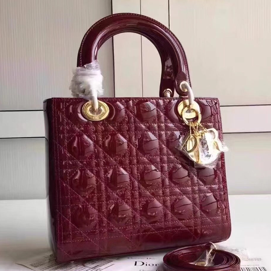 Dior Medium Lady Dior Bag In Bordeaux Patent Leather