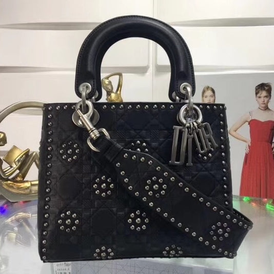 Dior Medium Lady Dior Bag In Black Studded Calfskin