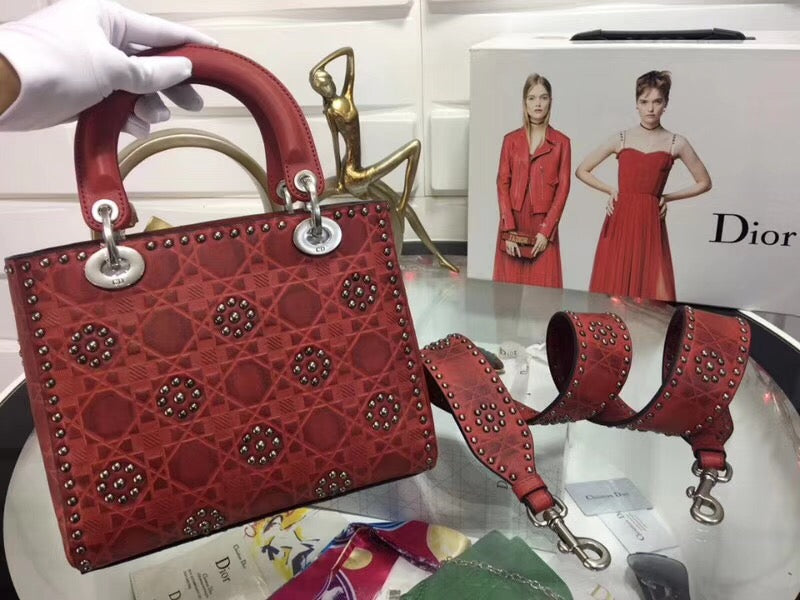 Dior Medium Lady Dior Bag In Red Studded Calfskin