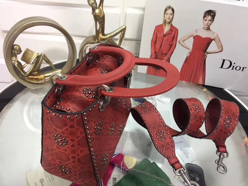 Dior Medium Lady Dior Bag In Red Studded Calfskin