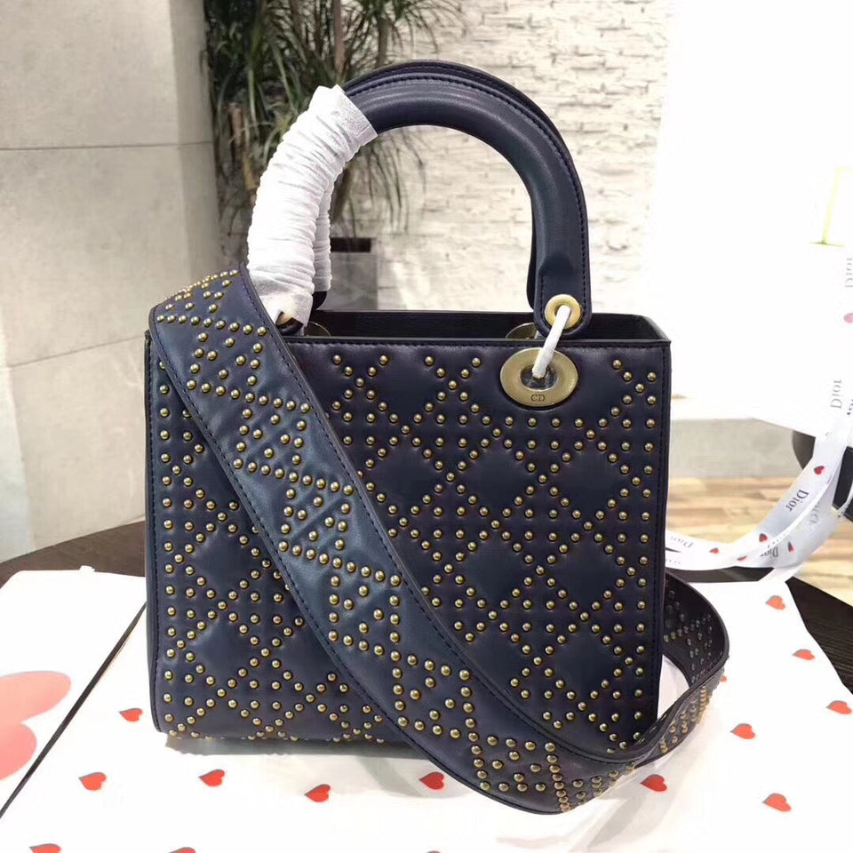 Dior Medium Supple Lady Dior Bag In Navy Studded Calfskin