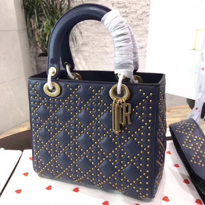 Dior Medium Supple Lady Dior Bag In Navy Studded Calfskin