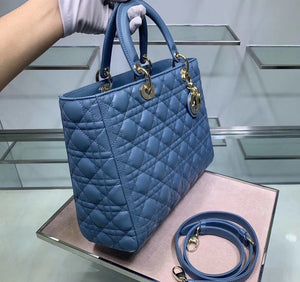 Dior Large Lady Dior Bag In Denim Blue Cannage Lambskin