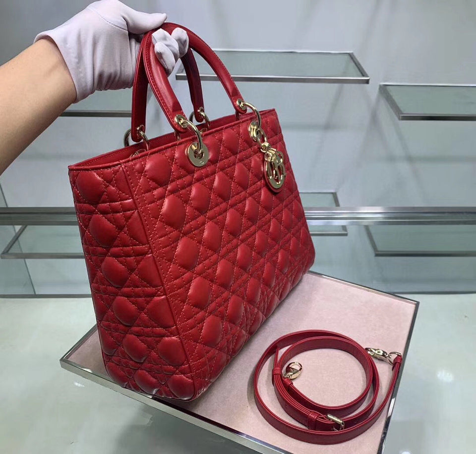 Dior Large Lady Dior Bag In Red Cannage Lambskin