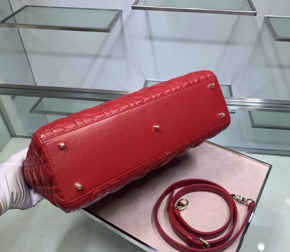 Dior Large Lady Dior Bag In Red Cannage Lambskin