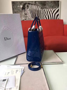 Dior Large Lady Dior Bag In Blue Patent Leather