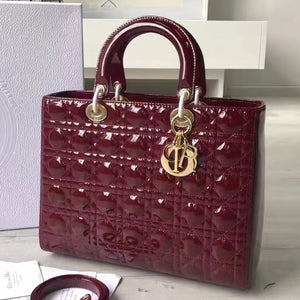 Dior Large Lady Dior Bag In Bordeaux Patent Leather