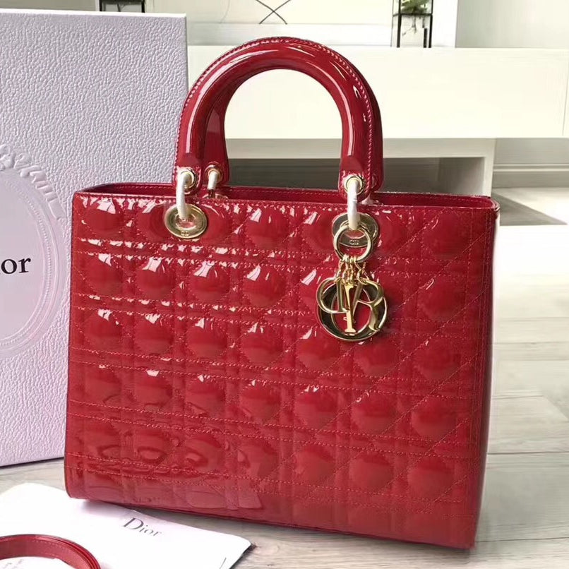 Dior Large Lady Dior Bag In Red Patent Leather