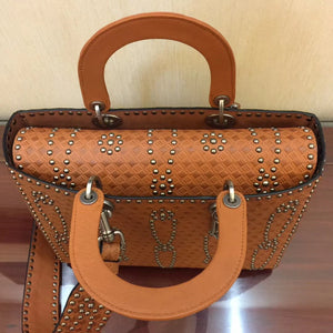 Dior Large Lady Dior Bag In Brown Studded Calfskin