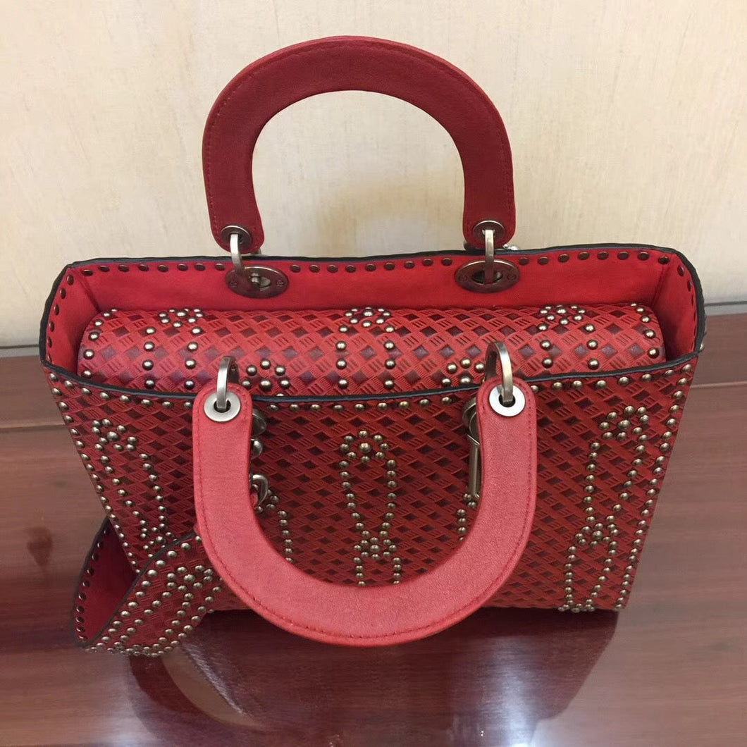 Dior Large Lady Dior Bag In Red Studded Calfskin