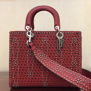 Dior Large Lady Dior Bag In Red Studded Calfskin