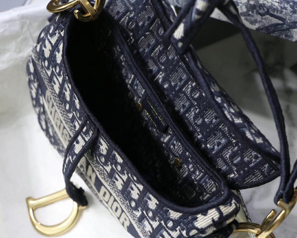 Dior Saddle Bag In Blue Oblique Embroidered Canvas