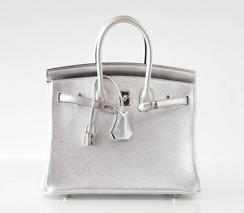 Hermes Birkin 25 Ultra Rare Metallic Silver Chevre Palladium Hardware