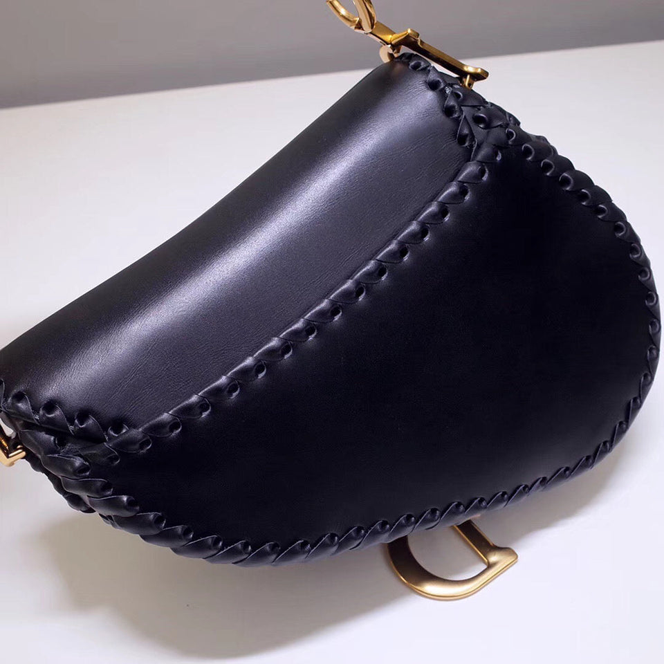 Dior Saddle Bag In Black Calfskin With Threaded Edges