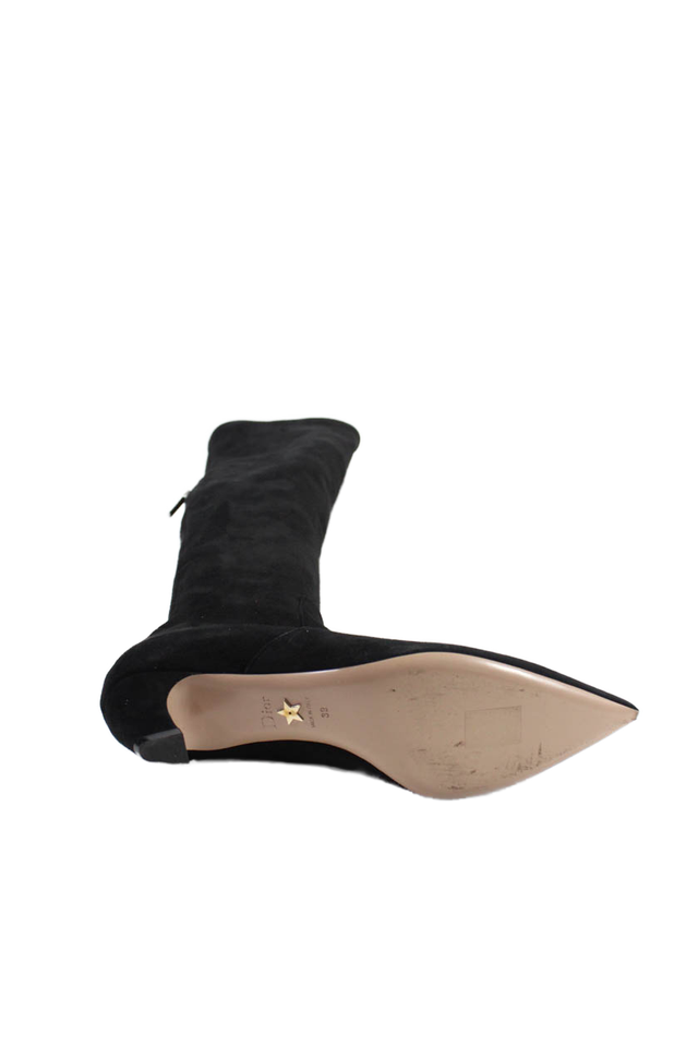 Dior Womens Black Suede Kitten Heels Over Knee Boots Shoes