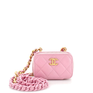 CHANEL Lacquered Metal CC Zip Around Card Holder on Chain Quilted Lambskin