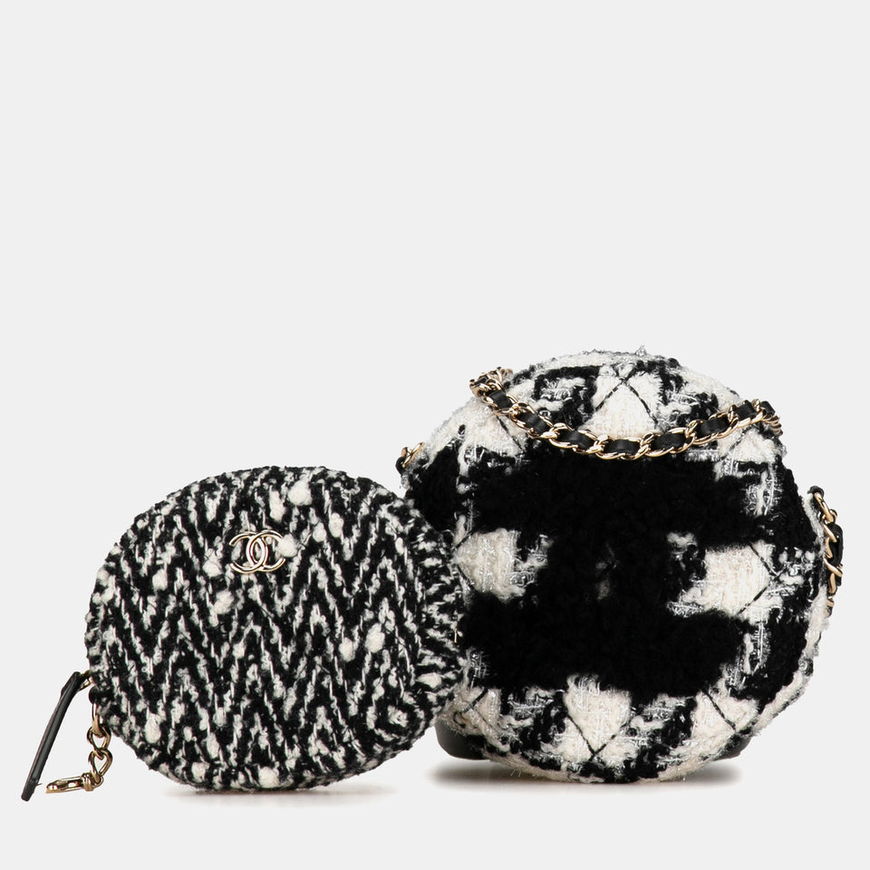 Shearling Tweed Round Clutch With Chain and Coin Purse