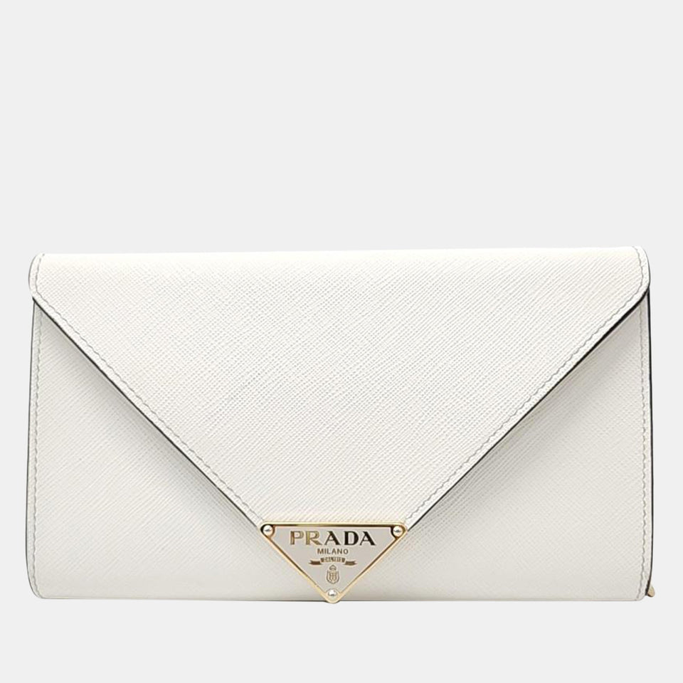 White Saffiano Leather Chain Clutch Bag