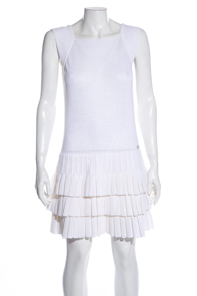 Chanel White Pleated Knit Dress SZ 38