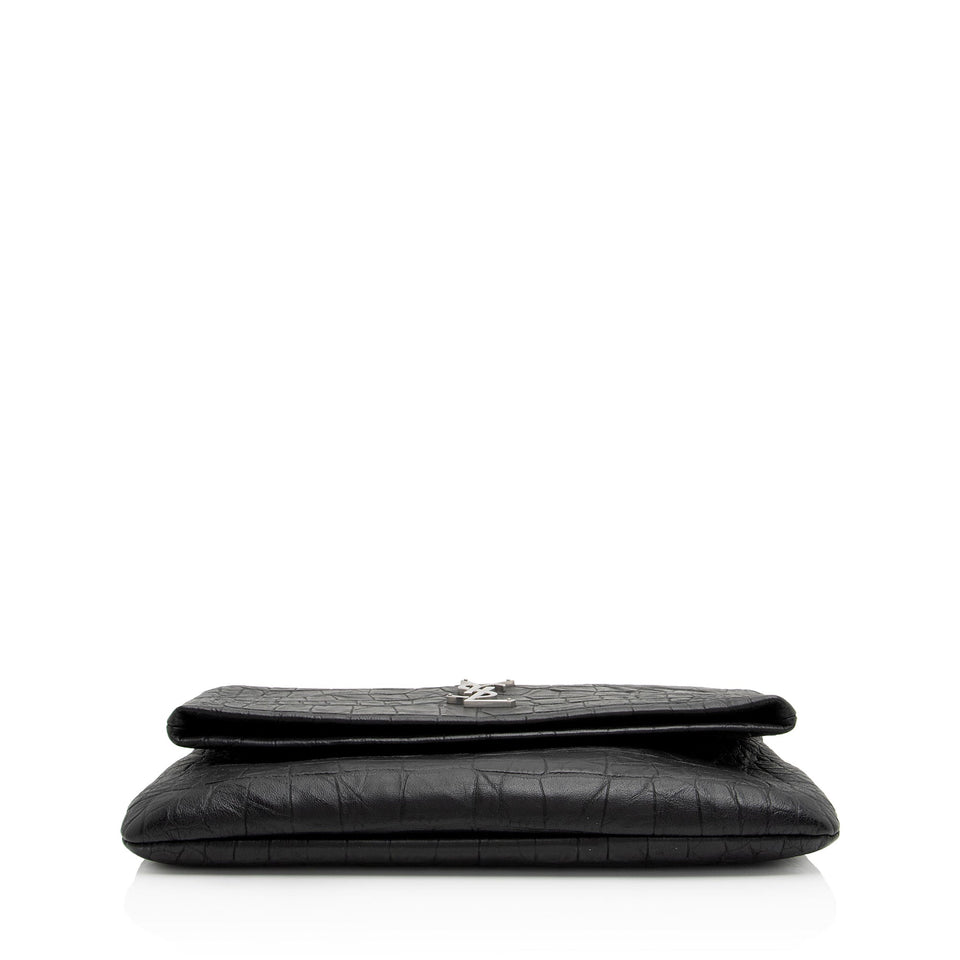 Saint Laurent Croc Embossed Leather West Hollywood Fold Over Clutch