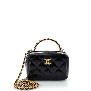 CHANEL Woven Chain Top Handle Vanity Case Quilted Patent Mini
