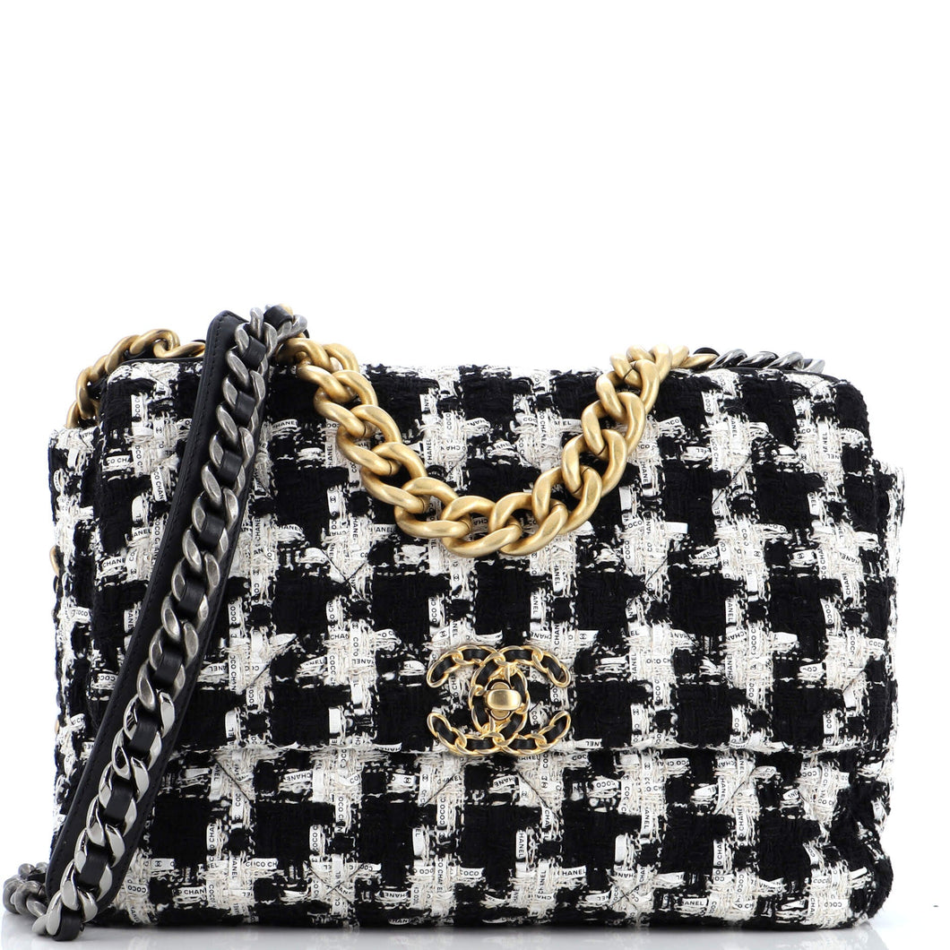 CHANEL 19 Flap Bag Quilted Houndstooth Tweed and Ribbon Medium