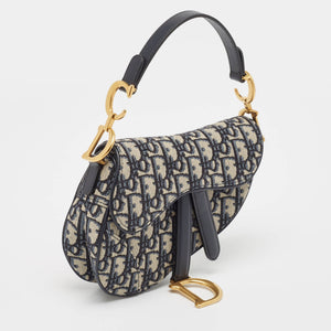 Dior Navy Blue Oblique Canvas And Leather Mini Saddle Bag