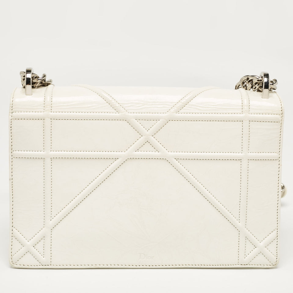 Dior White Crinkled Patent Leather Medium Diorama Shoulder Bag
