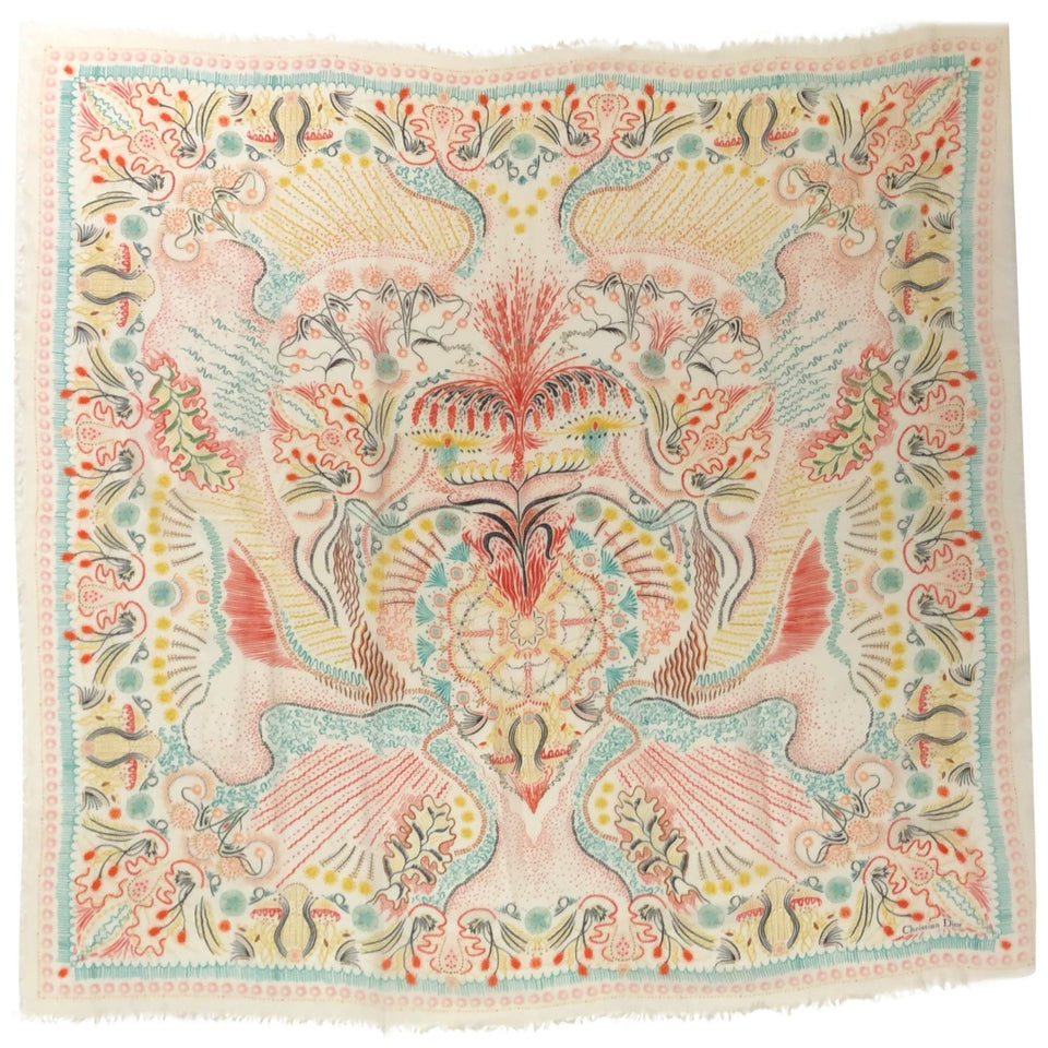 Dior shawl 135cm in multicolour abstract leaf design on cream cashmere