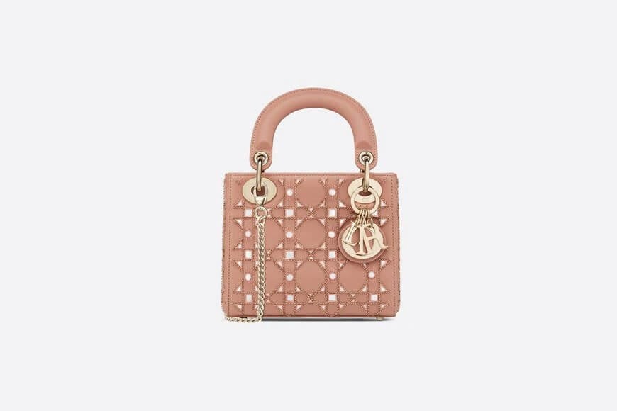 Mini Lady Christian Dior Bag Rose Des Vents Calfskin with Cannage Embroidery in Threaded Pearls