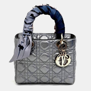Christian Silver Leather Lady dior Small Top Handle Bag