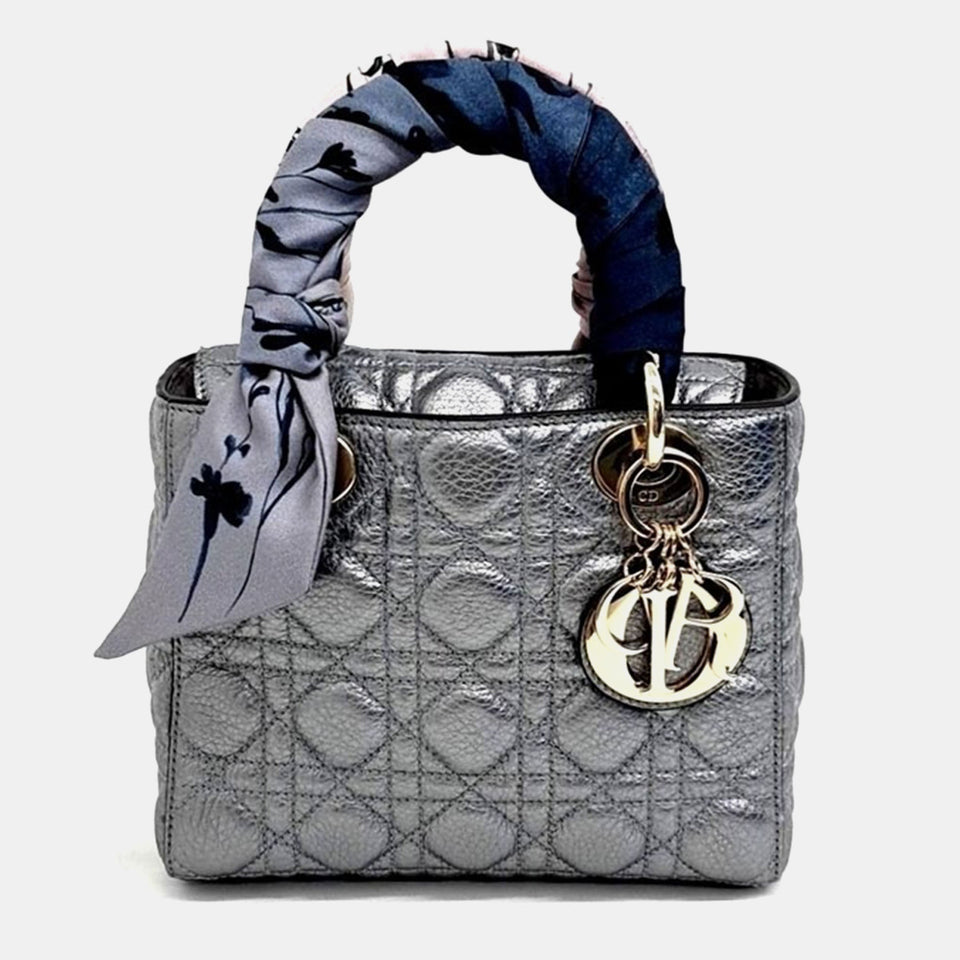 Christian Silver Leather Lady dior Small Top Handle Bag