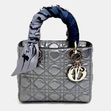 Christian Silver Leather Lady dior Small Top Handle Bag