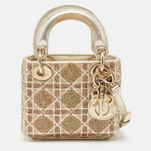 Dior Gold Cannage Leather Micro Beaded Lady Dior Tote