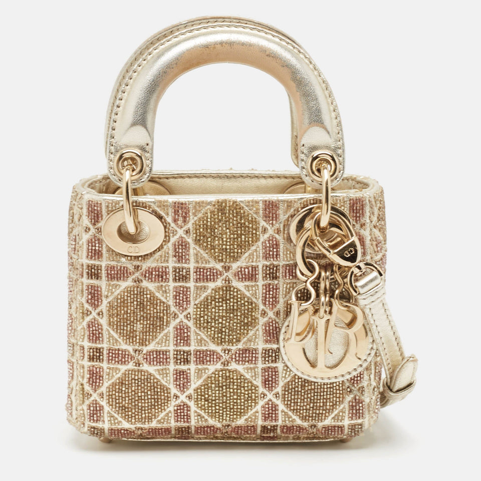 Dior Gold Cannage Leather Micro Beaded Lady Dior Tote