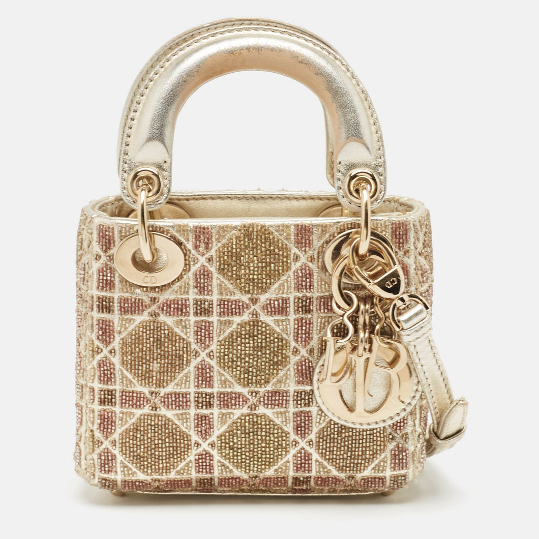 Dior Gold Cannage Leather Micro Beaded Lady Dior Tote