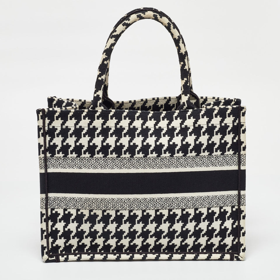 Dior Black/white Embroidered Macro Houndstooth Canvas Medium Book Tote