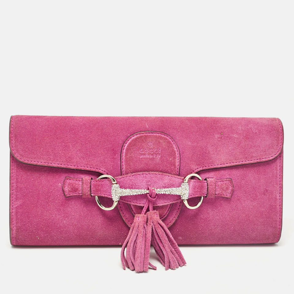 Pink Suede Crystals Horsebit Broadway Clutch