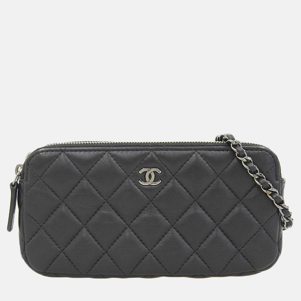 Black Leather Quilted Double Zip Clutch with Chain