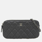 Black Leather Quilted Double Zip Clutch with Chain