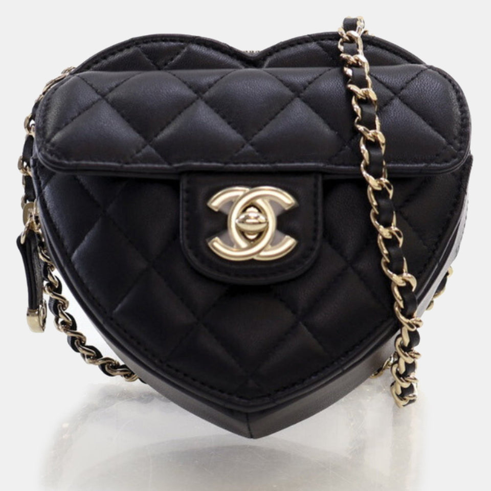Black Lambskin Quilted CC In Love Heart Clutch With Chain