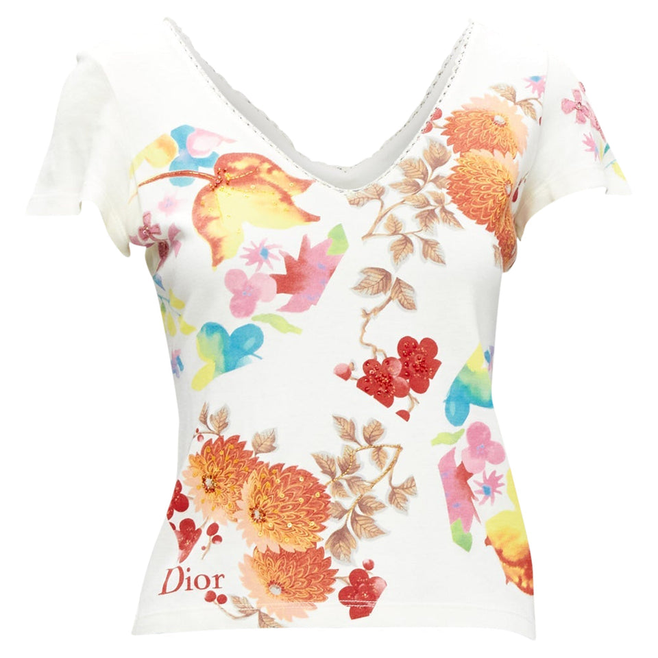 Christian Dior floral bead embellished lace V-neck t-shirt