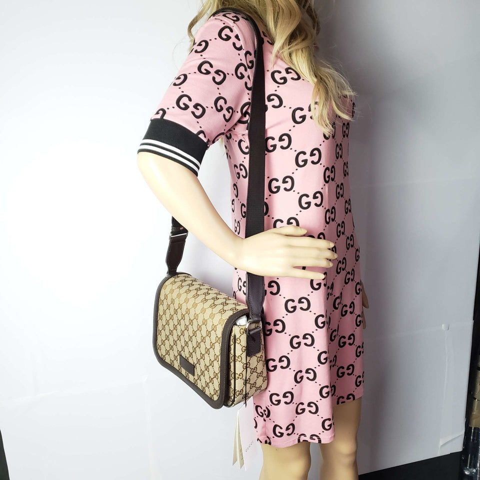 Gucci GG Canvas Leather Brown Messenger Shoulder Bag