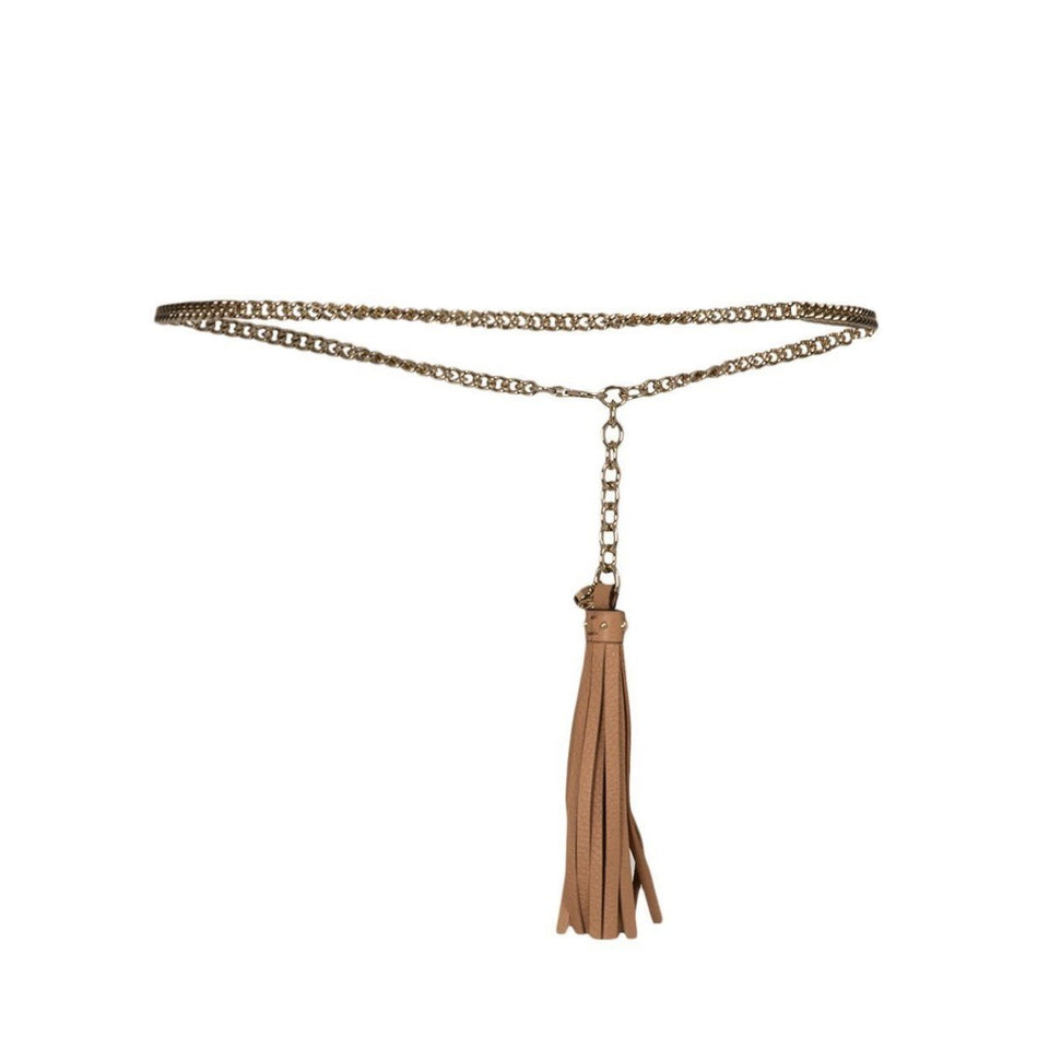 Gucci Leather Tassel GG Gold Chain Camelia Beige Belt Size (32) 388992