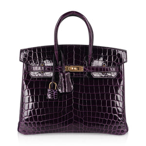 Hermes Birkin 25 Bag Aubergine Niloticus Crocodile with Gold Hardware