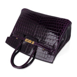 Hermes Birkin 25 Bag Aubergine Niloticus Crocodile with Gold Hardware