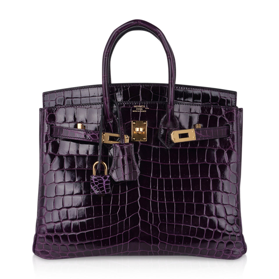 Hermes Birkin 25 Bag Aubergine Niloticus Crocodile with Gold Hardware